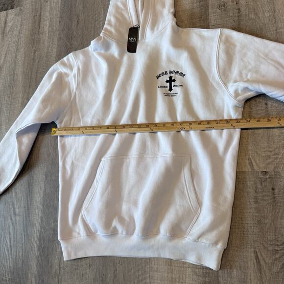 boohoo man Oversized Boxy Cross Print Hoodie White, Mens Small Will Fit Med New! - Picture 9 of 11